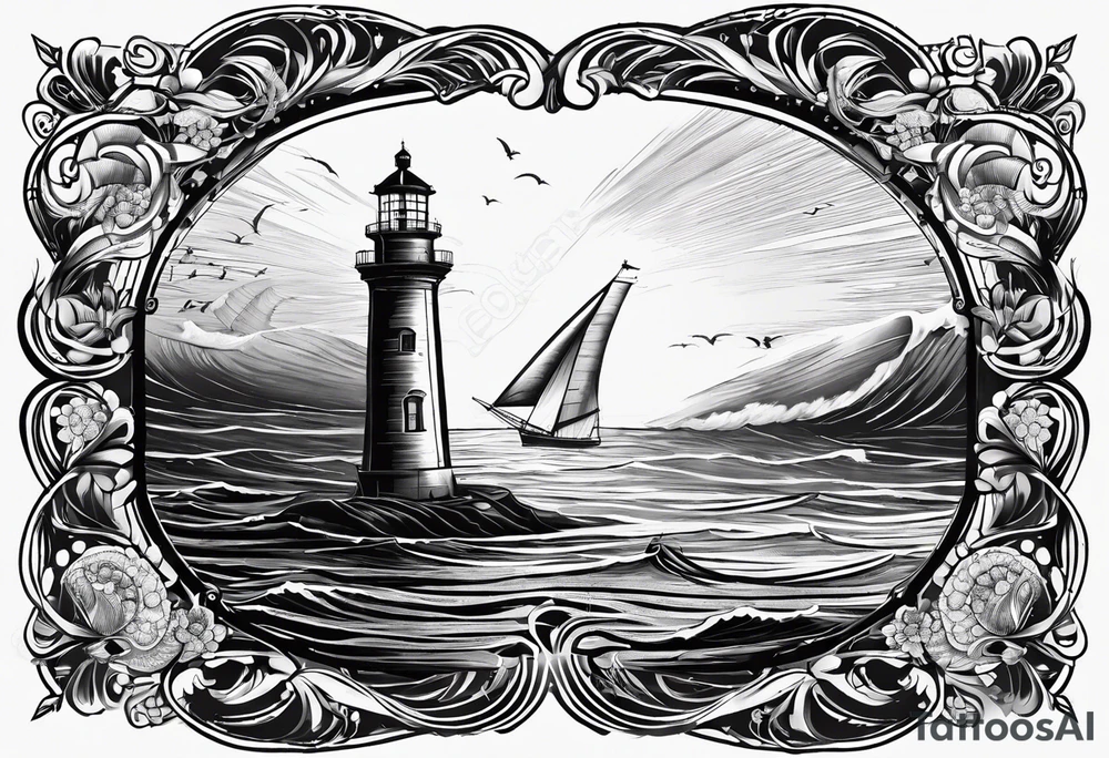 voilier vue de face. phare maritime fixé au centre du voilier et utilisé comme un mat pour les voiles. tattoo idea