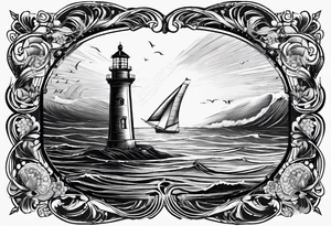 voilier vue de face. phare maritime fixé au centre du voilier et utilisé comme un mat pour les voiles. tattoo idea