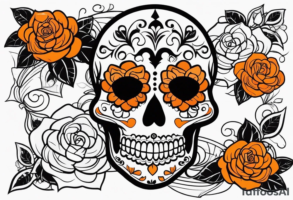 Sugar skull with roses that are orange and black tattoo idea