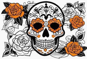 Sugar skull with roses that are orange and black tattoo idea