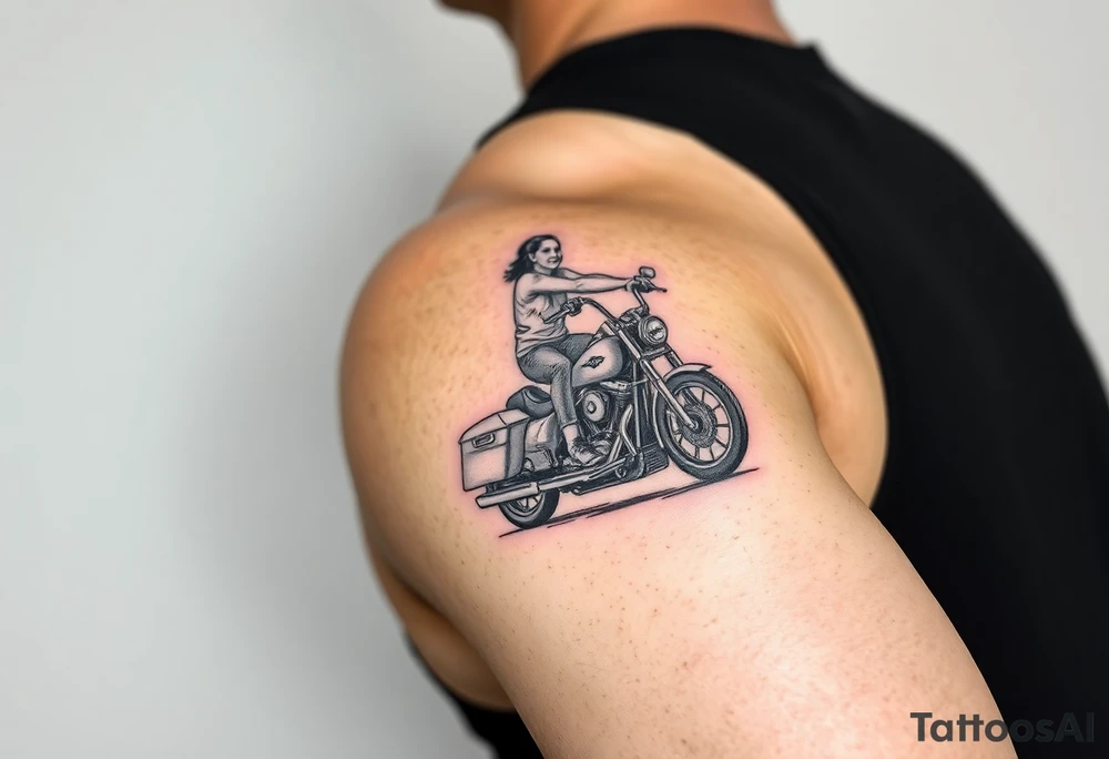 a two person on a Harley Road Glide 2018 on a forearm and a harley's engine on the top of the hand make it as realistic and use the arm to place the tatoo (Still not realistic) It's looking like a cartoon tattoo idea