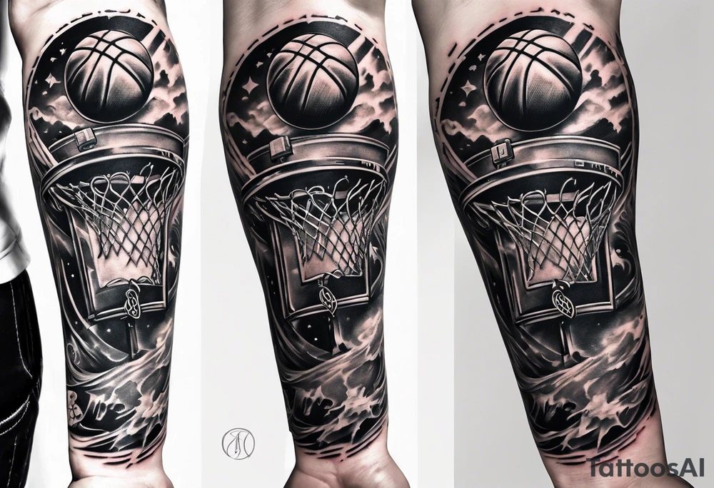 A forearm tattoo that includes a basketball hoop and a cross and a video game controller tattoo idea