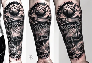 A forearm tattoo that includes a basketball hoop and a cross and a video game controller tattoo idea