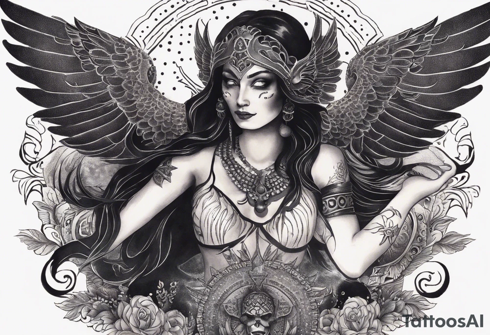 black kali, goddess pirate, alien, angel, pachamama, valkrye, warrior, flying, skull, lotus azul, wing, eagle, zenza resonance, stars, 5D, anahata chakra, death, durga, riding on a tiger, flying lady, chest tatoo tattoo idea