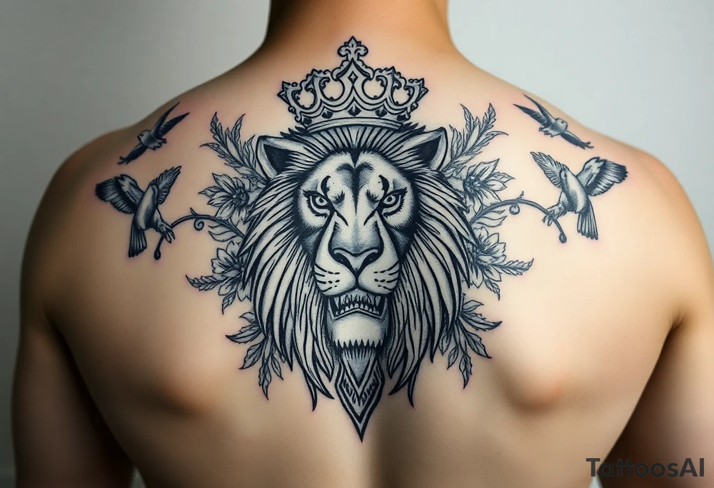 powerful majestic lion with a crown, surrounded by floral ornaments and birds tattoo idea