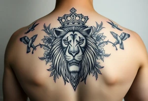 powerful majestic lion with a crown, surrounded by floral ornaments and birds tattoo idea