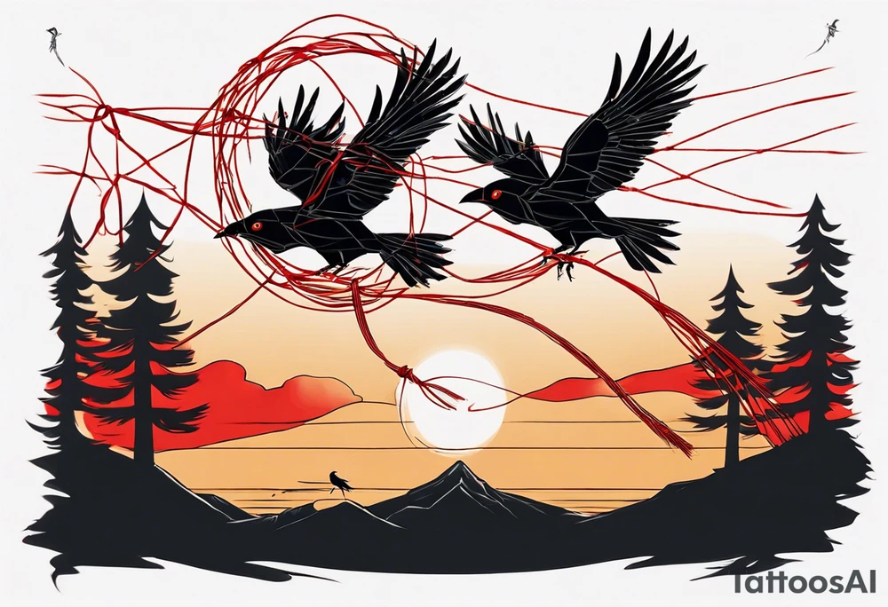 The two black crows at the end of the movie "Secret of NIHM" as they fly away into the sunset carrying some red string between them. tattoo idea