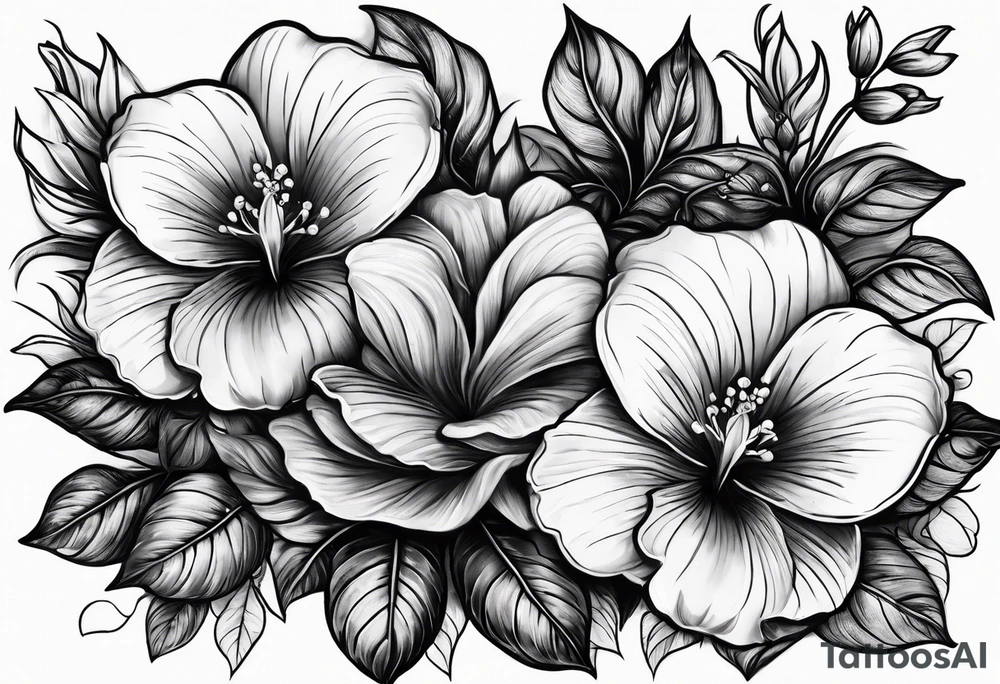 3 violets with greenery with a rose tattoo idea