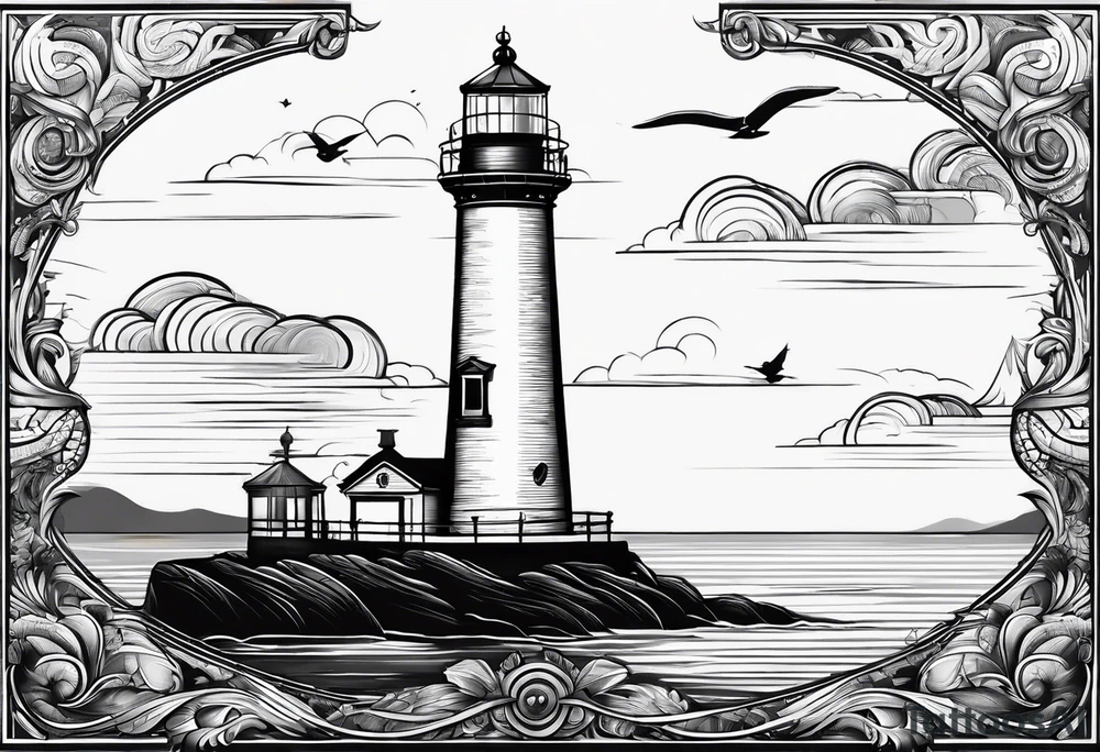maritime lighthouse partially hidden by its large fixed sail. calm sea reflection. tattoo idea