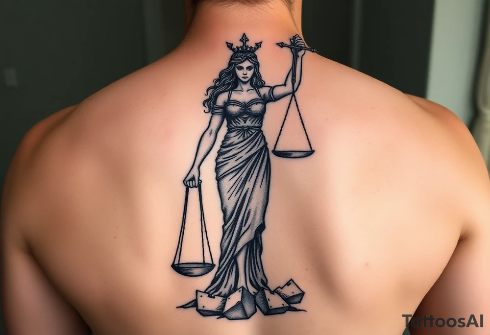angry lady justice sword held high, broken scales under foot, sunlight shining on the darkness of injustice and corruption. ready to fight against the corruption of the system tattoo idea