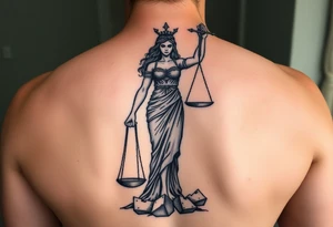 angry lady justice sword held high, broken scales under foot, sunlight shining on the darkness of injustice and corruption. ready to fight against the corruption of the system tattoo idea