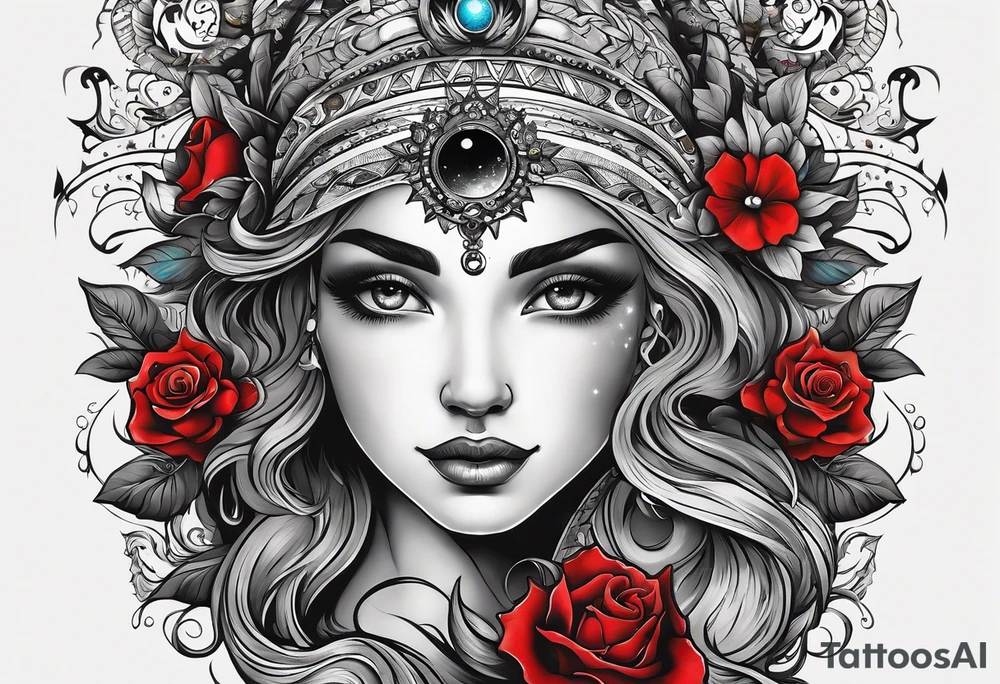 A tattoo design inspired by southern Italian folklore tales, incorporating mystical creatures and celestial objects such as moons and stars, reflecting the client's love for folklore and celestial objects. tattoo idea