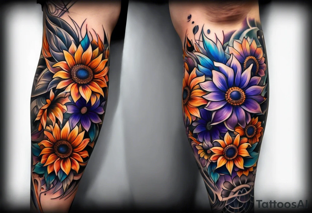 Full leg sleeve with purple, orange and blue sunflowers tattoo idea
