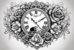 Hour glass and flowers and a heart clock tattoo idea