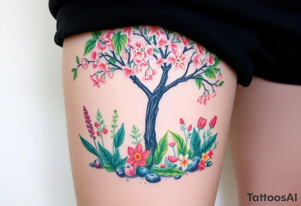 Lilly of the vally plants underneath a blooming hawthorn tree with other colorful plants on ground tattoo idea