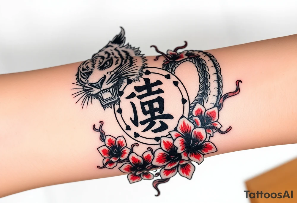 Fierce tiger and dragon surrounding Japanese symbol for “love” while being surrounded with red spider lily’s and smoke tattoo idea