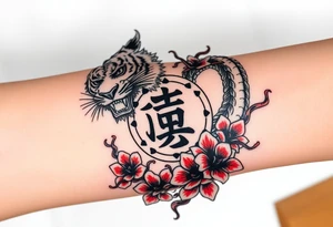 Fierce tiger and dragon surrounding Japanese symbol for “love” while being surrounded with red spider lily’s and smoke tattoo idea