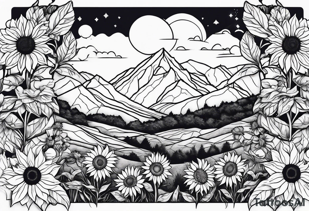 Sunflowers, wild flowers, mountains tattoo idea