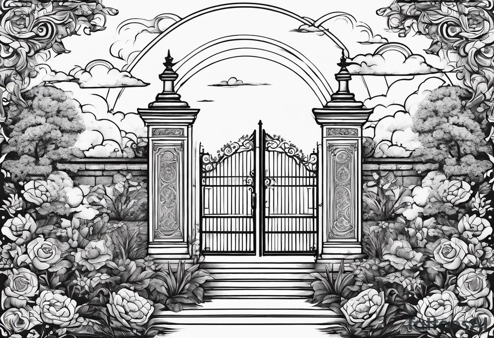 night ancient big town far away  garden gate entrance 
 in circle vignette surrounded by clouds floral tattoo idea