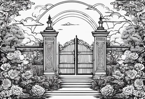 night ancient big town far away  garden gate entrance 
 in circle vignette surrounded by clouds floral tattoo idea