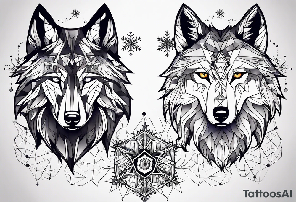 Constellation, two animal wolf, géométric, snowflake tattoo idea