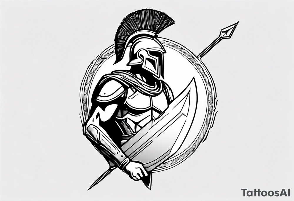 rectangular landscape format ultra-fine line linework vector of a spartan from the side, spartan spear, spartan shield, laurel wreath tattoo idea