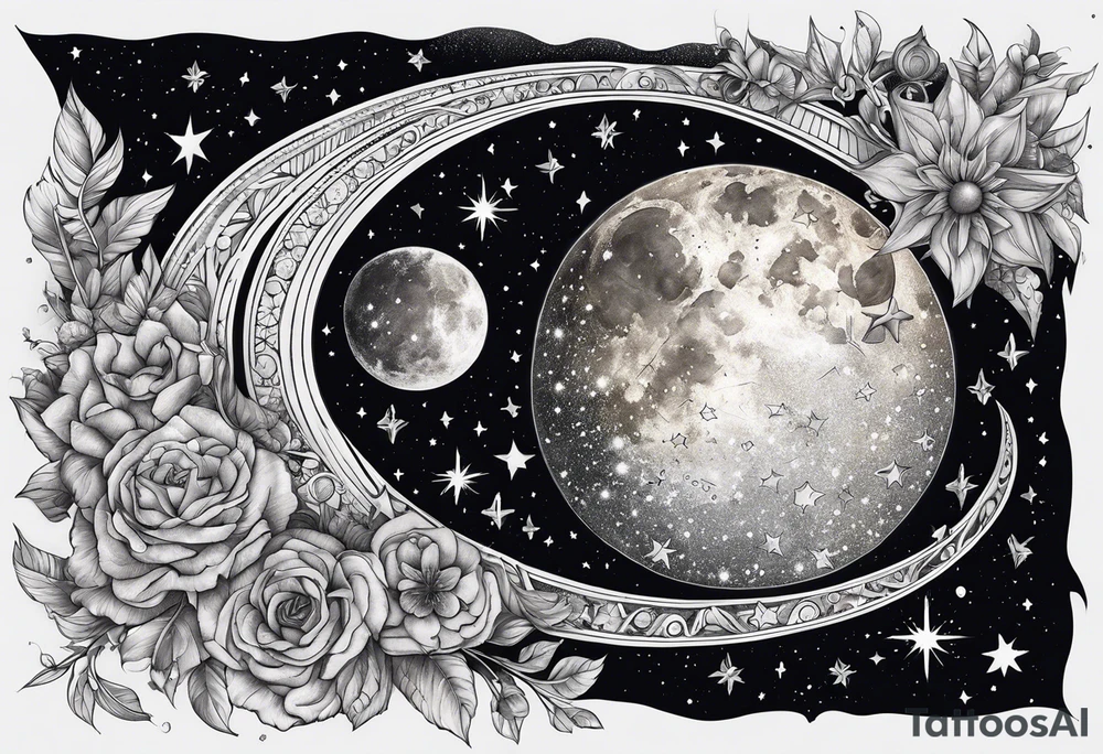 Celestial galaxy moon stars tattoo idea
