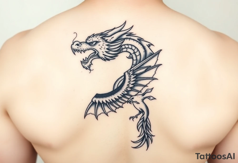 Dragons head at the top left of the chest with a phoenix below to the right tattoo idea