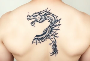 Dragons head at the top left of the chest with a phoenix below to the right tattoo idea
