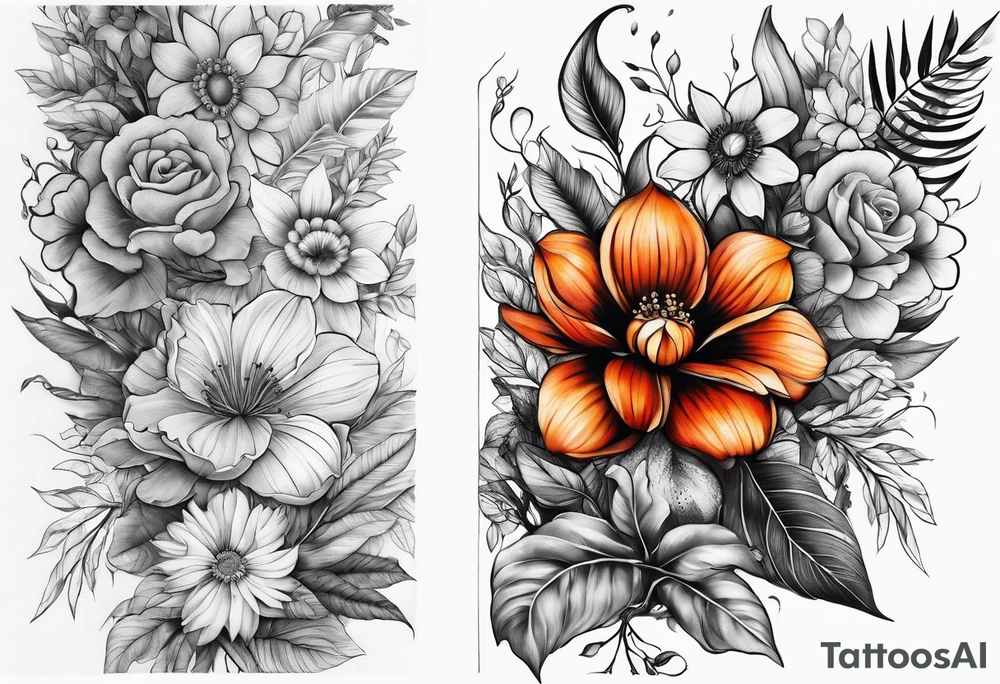 Nature sleeve with flowers leaves and trees tattoo idea