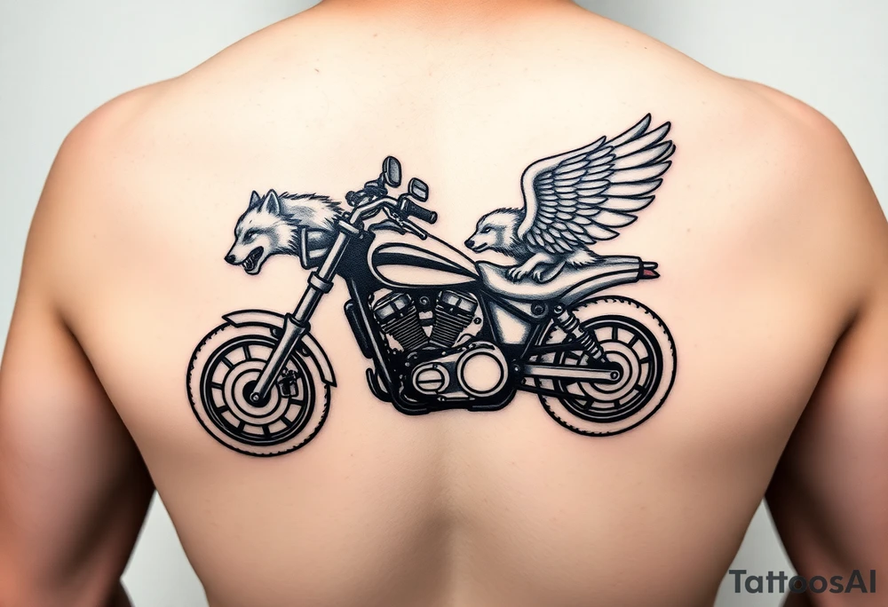 a motorcycle on it with guardian angel wolves on the bike tattoo idea