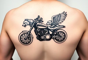a motorcycle on it with guardian angel wolves on the bike tattoo idea