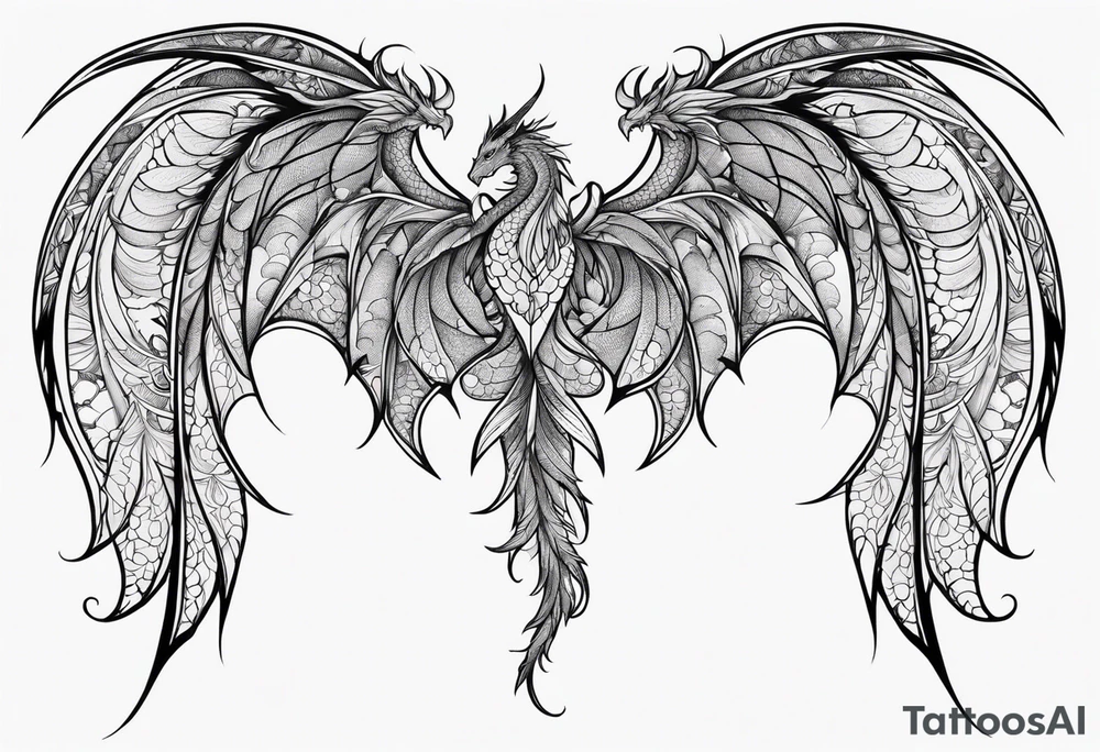 Dragon wings spread floral print on wings tattoo idea