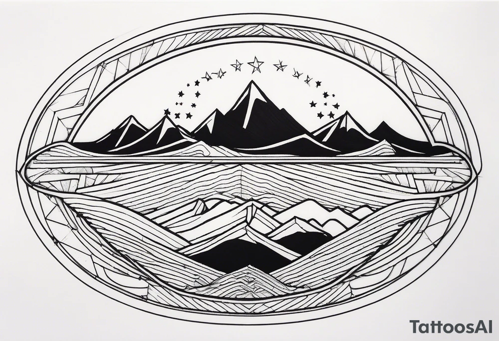 Mountain one Peak, Peak surrounded woth semi circle dashed Line, in semi circle two littel fine Stars coloured, waves overlapping in Side, Open geometrical Forms as frame tattoo idea