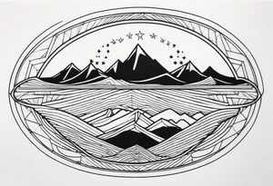 Mountain one Peak, Peak surrounded woth semi circle dashed Line, in semi circle two littel fine Stars coloured, waves overlapping in Side, Open geometrical Forms as frame tattoo idea