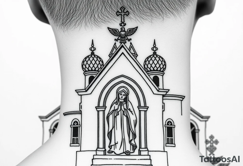 Flowing Scene

A onion domes orthodox church
Virgin Mary in prayer pose on the front doors of the russian orthodox church 
A small double headed russian coat of arms eagle or just the star tucked above the dome near the hairline tattoo idea