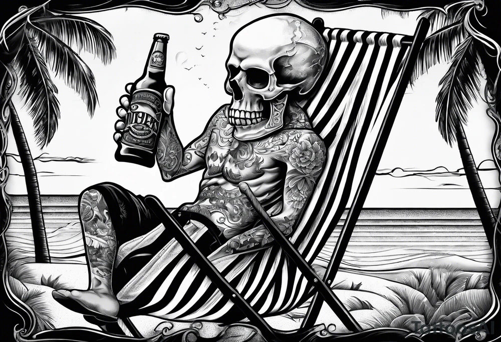 Skull body smoke on the beach sitting in a beach chair with a beer in its hand tattoo idea