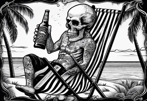 Skull body smoke on the beach sitting in a beach chair with a beer in its hand tattoo idea