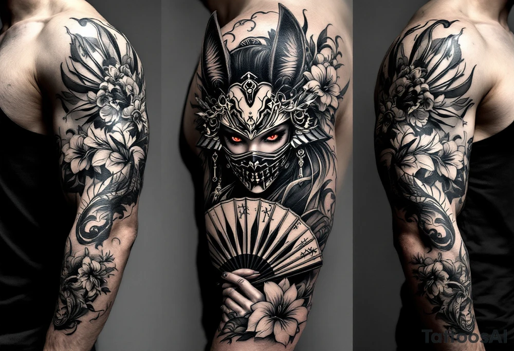 japanese samurai woman with red eyes wearing a kitsune half-mask and holding a fan with irises flowers ornement tattoo idea