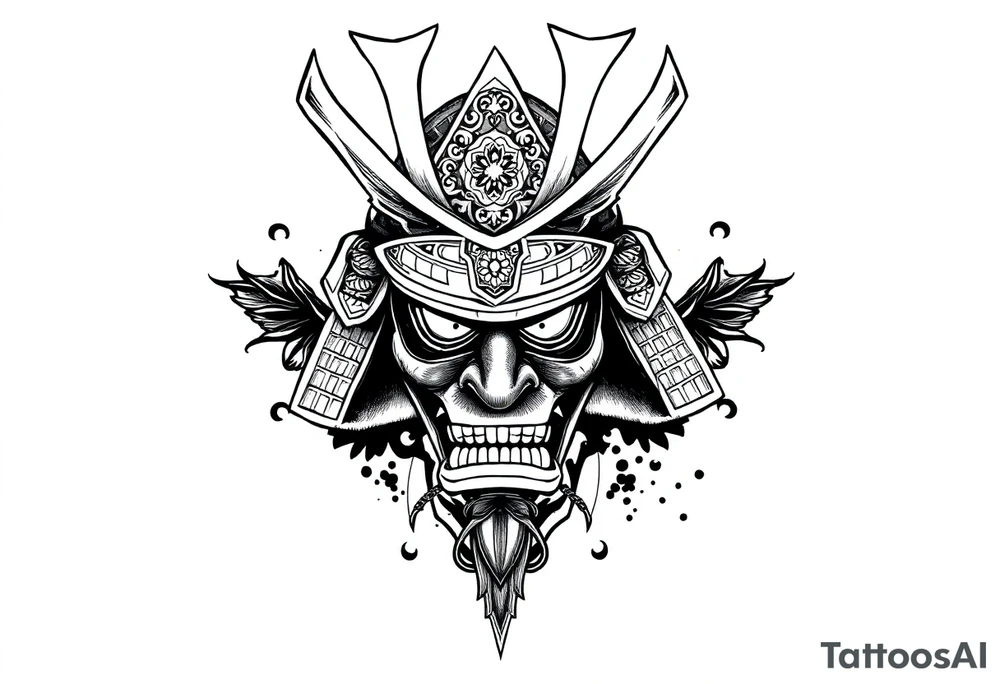 Samurai helmet tattoo design, Japanese traditional style, black ink, detailed armor, ornamental patterns, bold linework, sketch style, centered, forearm tattoo design tattoo idea