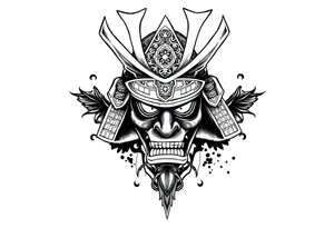 Samurai helmet tattoo design, Japanese traditional style, black ink, detailed armor, ornamental patterns, bold linework, sketch style, centered, forearm tattoo design tattoo idea