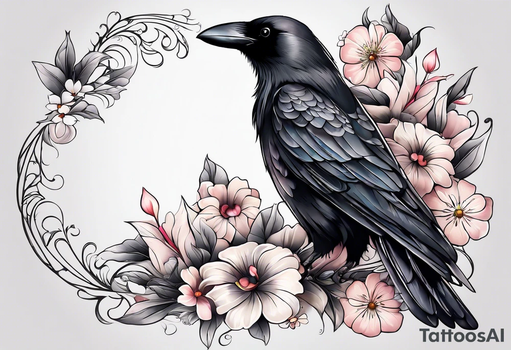 crow and flowers half sleeve tattoo idea