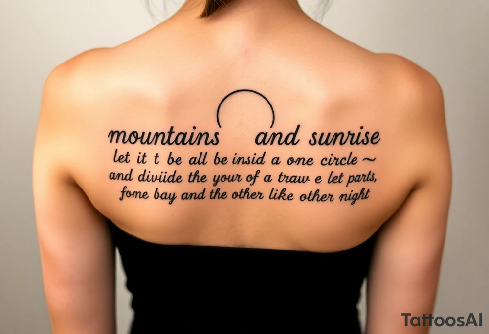 mountains. river and sunrise, let it all be inside one circle. draw a line and divide the circle into two parts, let one part be like day and the other part like night tattoo idea