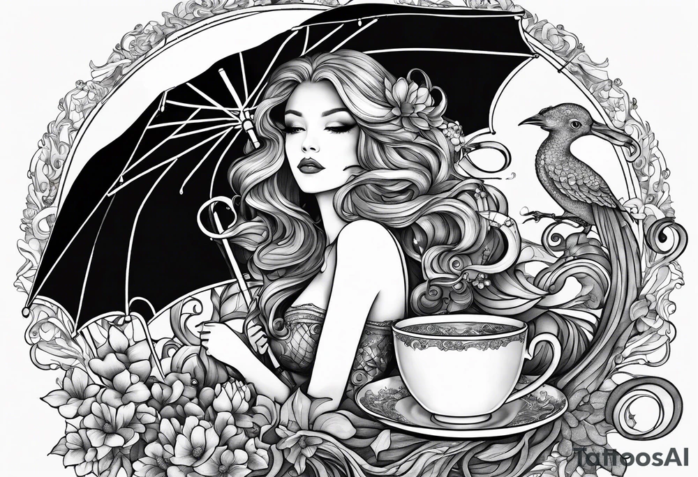 A beautiful sea siren with tentacles that incorporates a teacup, an umbrella, a yellow bird, and a gingerbread boy tattoo idea