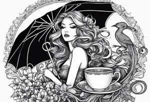 A beautiful sea siren with tentacles that incorporates a teacup, an umbrella, a yellow bird, and a gingerbread boy tattoo idea