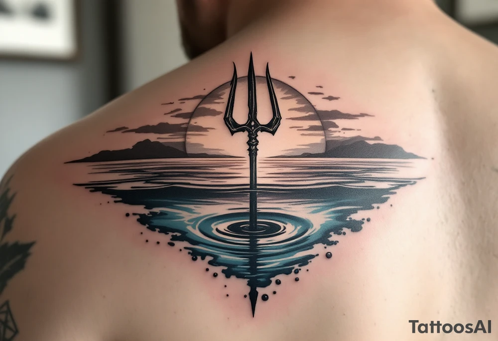 trident half way under calm water with sunset tattoo idea