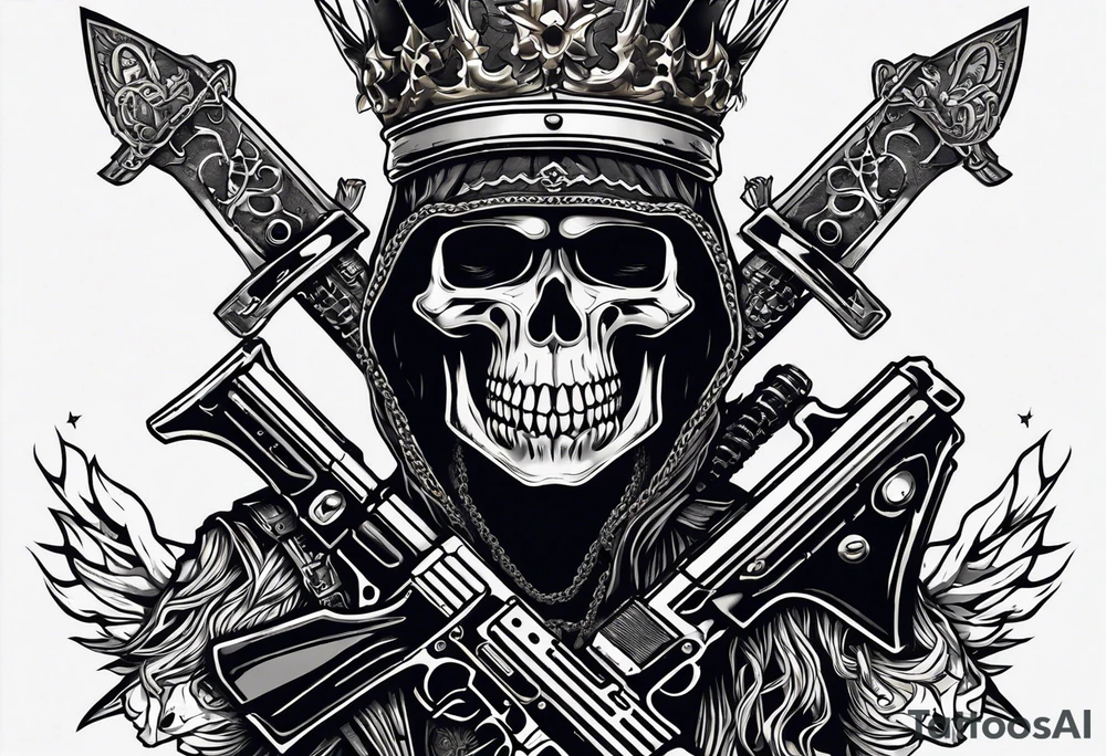 image of a skeleton standing frontally with a crown on his head, holding an AK-47 on his shoulder with his right hand. The chain on the left should be taut, there are three angry barking Dobermans in it, near the waist tattoo idea