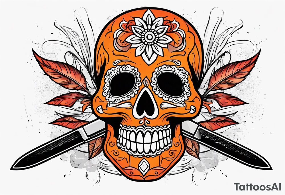 Orange Sugar skull with knifes that are orange and red with smoke around it tattoo idea