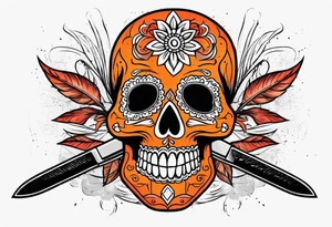 Orange Sugar skull with knifes that are orange and red with smoke around it tattoo idea
