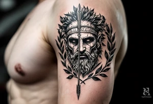 mythological Rome warrior that from his face come down a long arrow and surrounded by a olive tree leaf around tattoo idea